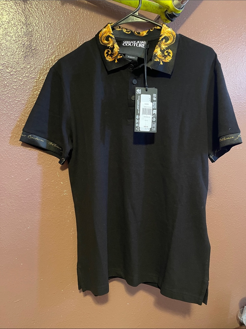 Versace Jeans Collection Black Polo with Gold Baroque Collar Accent